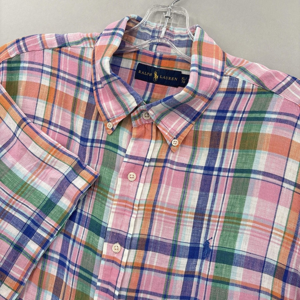 Ralph Lauren Shirt Mens XL Pink Plaid Linen Button Down Short Sleeve Madras